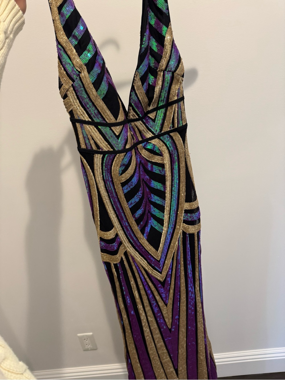 Black Sequin V-Neck Evening Dress with Gold Trim